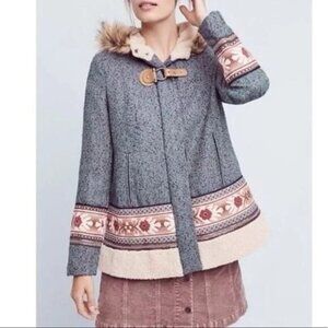 EUC RARE VNTG Anthropologie Elevenses Northerner Embroidered Fur Hood Coat M